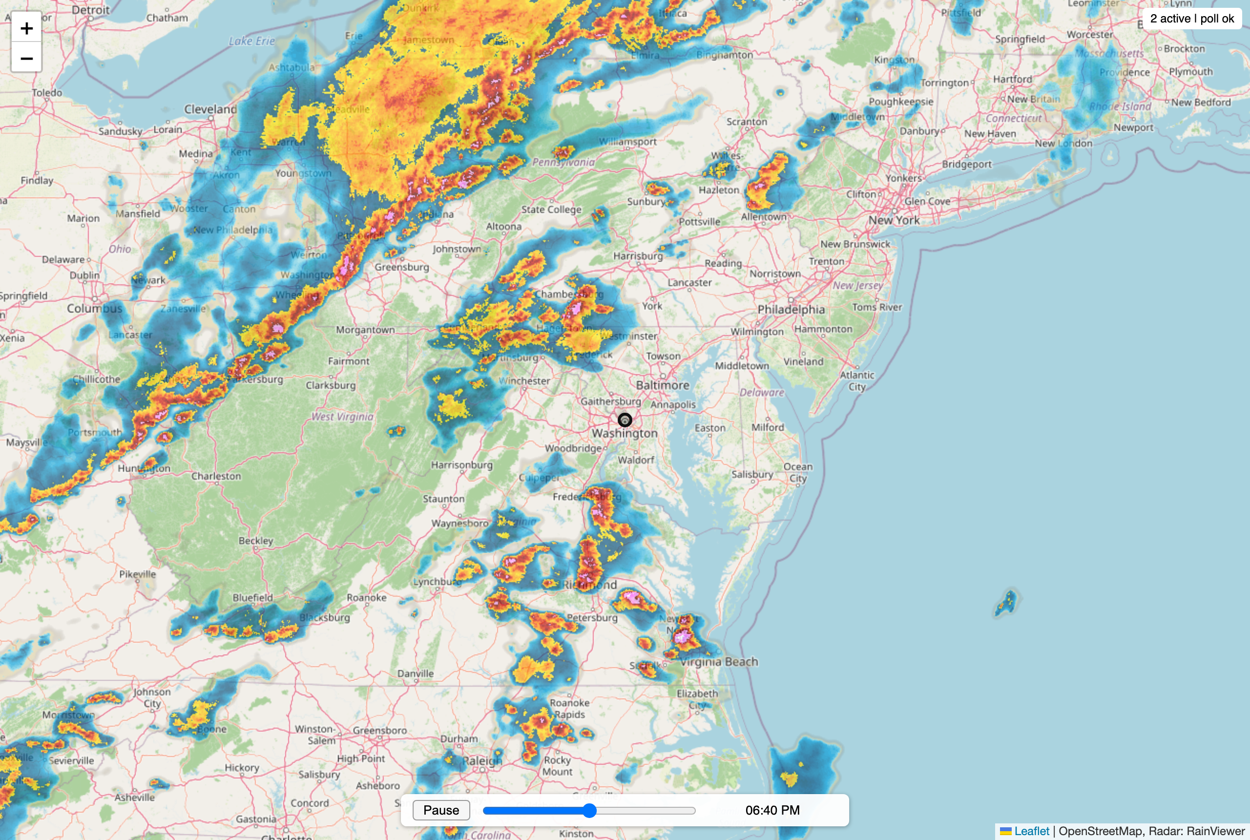 Stormward dashboard showing an animated NEXRAD radar loop centered on a watch point, with active National Weather Service warning polygons